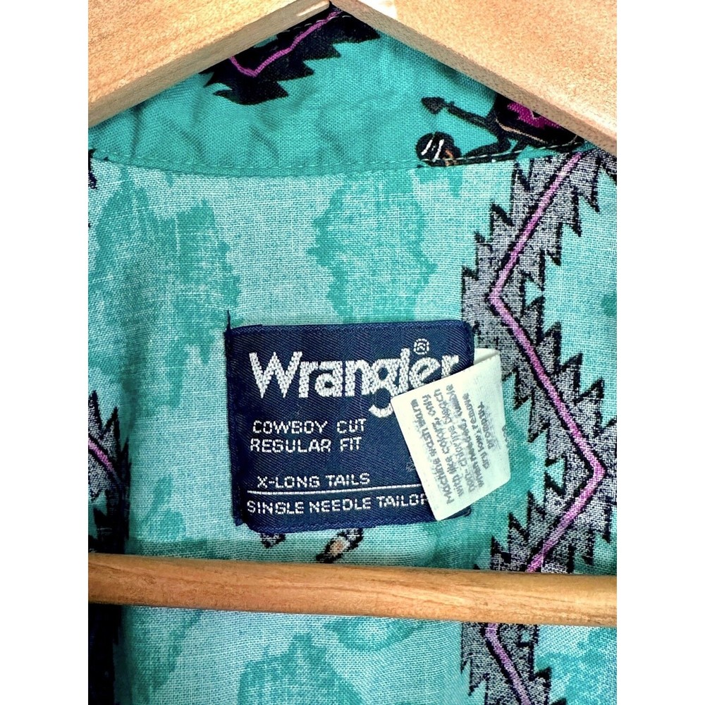 Vintage Wrangler Western Shirt Aztec Teal Cowboy Cut X-Long Tails Men's 17 - Picture 11 of 13